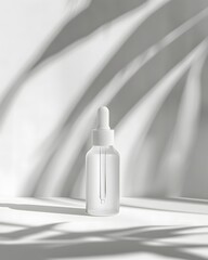 Minimal Cosmetic Serum Bottle with Leaf Shadow on White Background