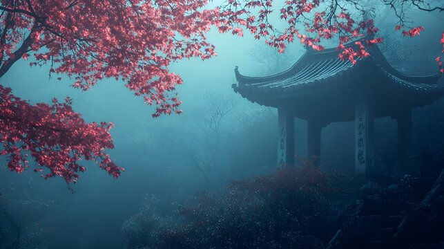A traditional Chinese pagoda sits shrouded in mist, with red foliage peeking through.
