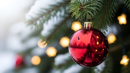 &ldquo;Cute red Christmas ornament bauble hanging on a string in front of a decorated Christmas tree, high-resolution PNG style. Soft falling snowflakes in the background, subtle regretful mood. Close-up ma