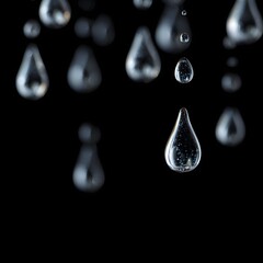Ultra-realistic macro photograph of floating water droplets suspended in air against a clean black background