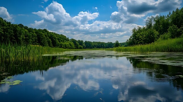 A tranquil lake with lush green trees and a blue sky with clouds reflected in the calm water.