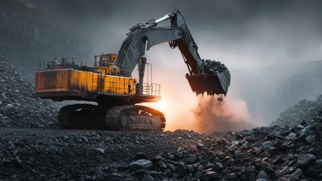 Heavy machinery operates in a rugged quarry during twilight, moving large rocks and coal while illuminated by a vivid orange glow in the background