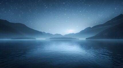 A minimalist and serene night scene of a calm lake, softly reflecting moonlight on still water. Gentle mist drifts above the surface under a clear starry sky, creating a quiet and peaceful atmosphere