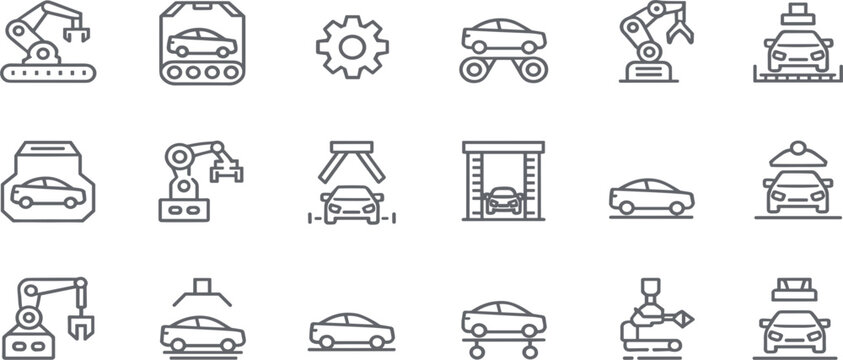 Car Manufacturing, Assembly Line, and Industry Line Icons Set: Featuring Robotic Arm, Conveyor Belt, Factory Process, Gear, and Vehicle Vector Illustration