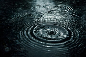 A high-speed capture of raindrops falling on a dark water surface, creating delicate ripples and waves.