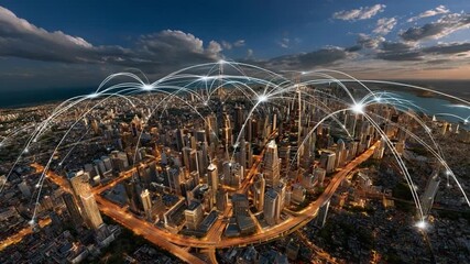 City Connection: An aerial view of a vibrant cityscape comes alive at night, crisscrossed by streams of data forming an intricate network of digital connections.