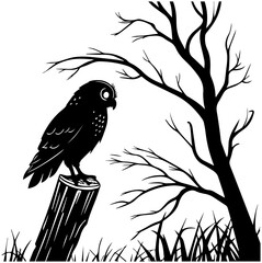 Owl Perched on Tree Stump in Bare Landscape – Vector Illustration