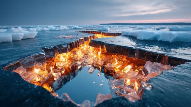 Hidden Inferno: A mesmerizing display as frozen water fractured, revealing the fiery depths beneath, creating an intriguing contrast of cold and heat.