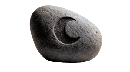 A gray stone with a crescent moon carved into it against a plain black background in a studio shot