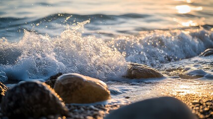 A wave crashes on a rocky beach at sunrise, creating a spray of water and a shimmering reflection.