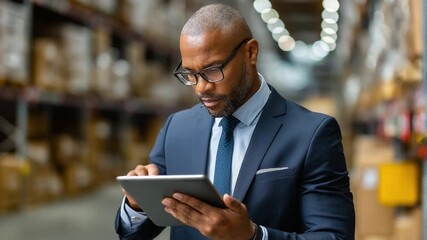 Warehouse Manager's Inspection: A focused manager, meticulously examines data on a digital tablet in a large warehouse. He embodies professionalism, expertise and attention to detail. - Powered by Adobe