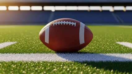 American football ball rests on green grass field with white line inside a large stadium on a bright sunny day