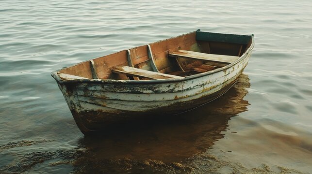 A weathered wooden rowboat sits in shallow water at the edge of a lake.