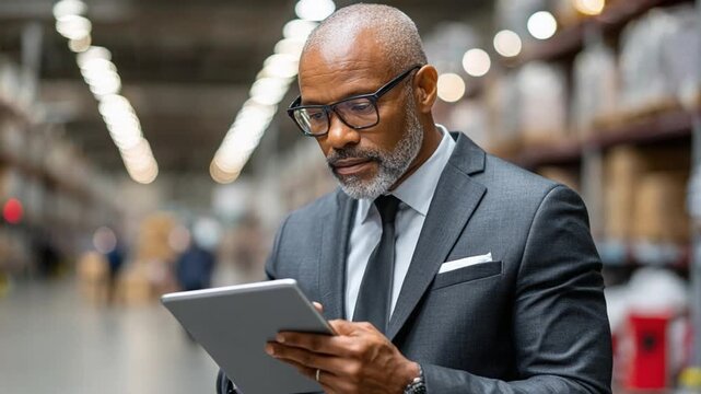 Warehouse Management: A focused man dressed in a business suit carefully reviews data on a tablet inside a well-organized warehouse, highlighting commitment and expertise.