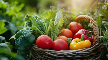 A wicker basket overflowing with fresh, ripe vegetables including tomatoes, peppers and leafy greens, in a garden setting.