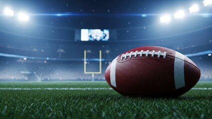 American football ball resting on green grass field inside a professional stadium at night