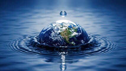 Water drop falling on Earth emerging from deep blue water, creating ripples, symbolizing water conservation