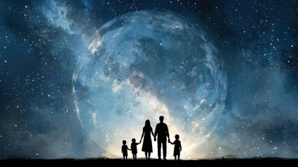 Family enjoys a night under a starry sky with a large moon in the background, creating a magical atmosphere for an unforgettable experience