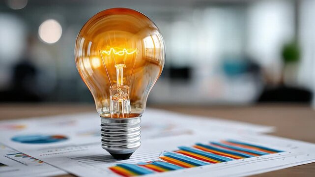Illuminating Innovation: A radiant light bulb glows brightly atop a desk scattered with financial charts, symbolizing fresh ideas and inspiration in the realm of business.