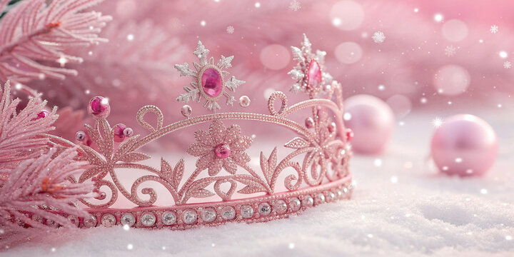 Elegant pink princess crown with sparkling gems on a snowy winter background. A beautiful tiara rests on a bed of snow, surrounded by festive decorations and a soft, dreamy atmosphere
