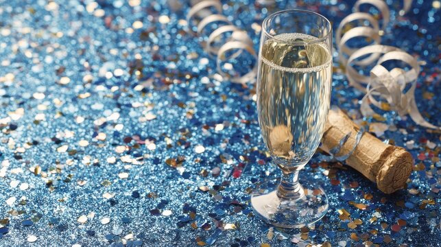 A champagne flute with bubbles sits on a sparkling blue surface, alongside a cork and festive ribbon. Celebratory