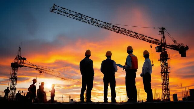 Construction Site Silhouette: An ensemble of construction workers and engineers stands silhouetted against a vivid sunset sky, a tableau that signifies industry, progress.