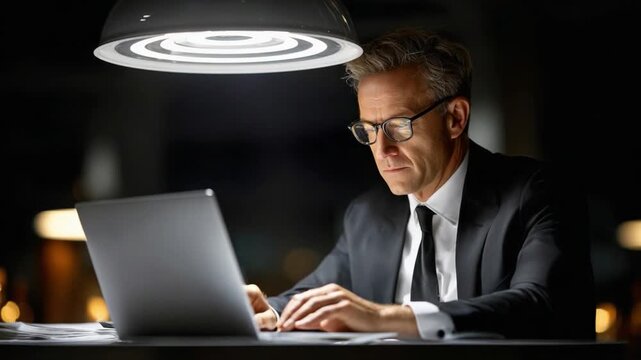 Focused Effort: A composed individual in formal attire meticulously works on a laptop, illuminated by an overhead light, conveying dedication and concentration.