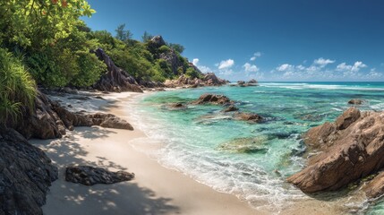Fototapeta premium Panoramic view of a pristine beach with crystal-clear turquoise water and lush green vegetation