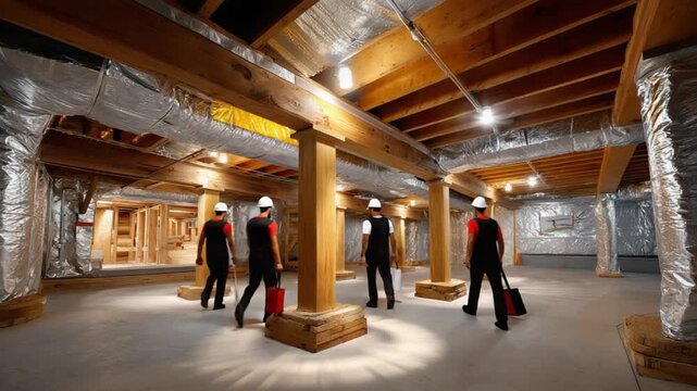 Structural Integrity Inspection: A team of inspectors meticulously examines a building's understructure, ensuring its safety and stability within the architectural foundation.