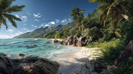Panoramic view of a tropical beach with turquoise water, white sand, and lush green vegetation, including palms & mountains