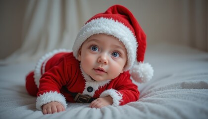 baby in Santa hat on bed, festive family moment, ideal for holiday cards, parenting campaigns, or emotional branding.