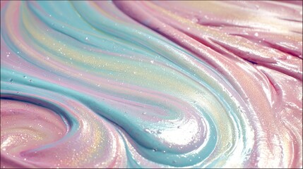 Close-up of a swirling, abstract blend of pastel colors, with hints of shimmer and iridescence