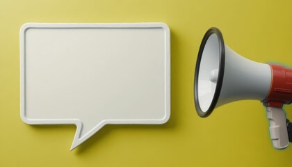 A white speech bubble poster directed by a red megaphone, symbolizing amplified communication or announcements.