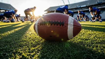 American football on grassy field with blurred players exercising in stadium under bright afternoon sun