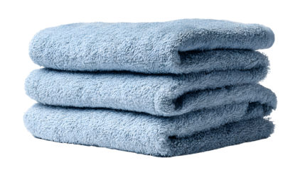 A stack of three folded light blue terry cloth towels isolated on a black background for a clean look