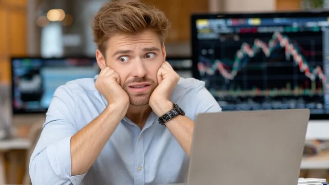 Financial Distress: A man in a professional setting appears overwhelmed, clutching his face with a look of concern as he confronts challenging financial data.