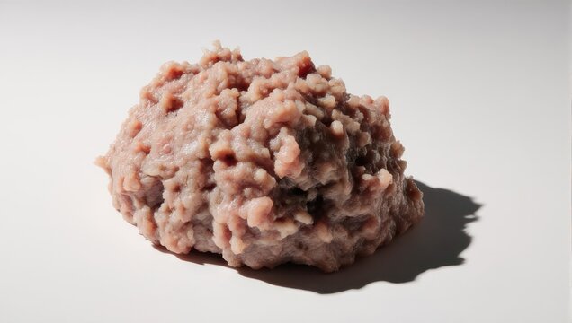 Textured pink mineral specimen on white background with shadow.