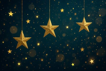 Golden stars hanging against a dark night sky filled with twinkling lights