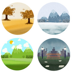 City landscape illustration with four seasons. autumn, rainy season, winter, spring. for stickers or decoration