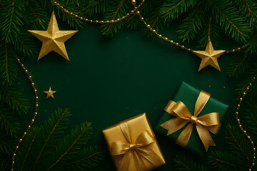 Festive christmas tree branches frame golden stars and gift boxes on dark green background