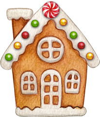 Watercolor hand drawn gingerbread house