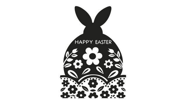 Happy easter greeting card design featuring a black silhouette of an egg with bunny ears adorned with floral patterns and text