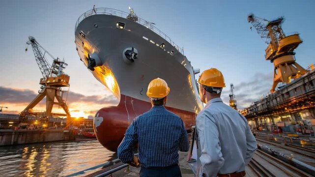 Maritime inspection: Two engineers wearing helmets inspect a large ship docked in a dry dock, examining the hull's condition. The environment is the sea at dusk. 