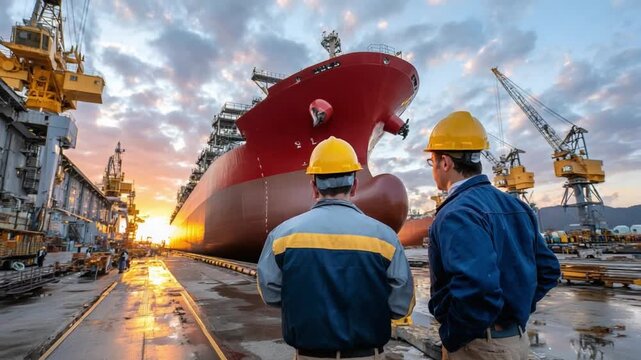 Craftsmen Observing: A team of skilled craftsmen observes the impressive form of a large ship under construction in a bustling shipyard, the essence of maritime engineering