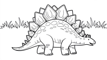 Children’s Stegosaurus coloring page with big decorative back plates and a long tail. Thin black contour with simple clear outlines and many inner elements for coloring. Black and white printable dino
