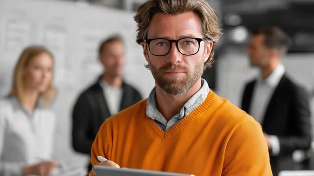 Confident Leader: A composed and sharp-witted businessman in glasses commands attention. The background suggests a bustling workplace environment, where collaboration and expertise thrive.