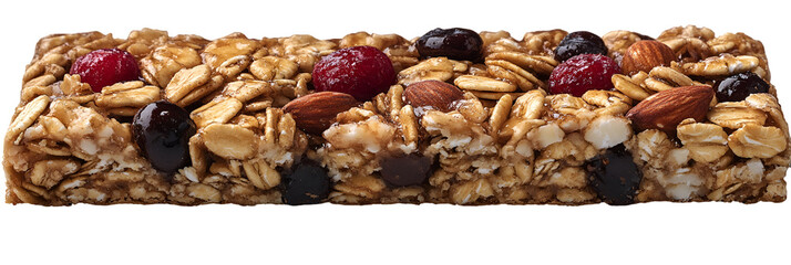 Granola bar close up with diverse ingredients