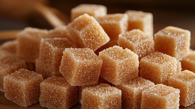 Video A pile of sugar cubes sitting on a wooden table, great for food styling or product