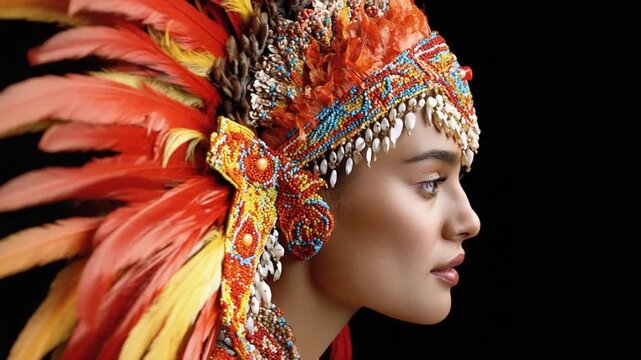 Profile of a Cultural Icon: An elegant individual adorns an ornate headdress, showcasing intricate beadwork and vibrant plumage, embodying the essence of cultural heritage and regality. 