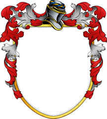 Naklejka premium A coat of arms or crest family heraldry medieval heraldic knight shield with helmet and acanthus filigree scroll ornament in a vintage woodcut style.